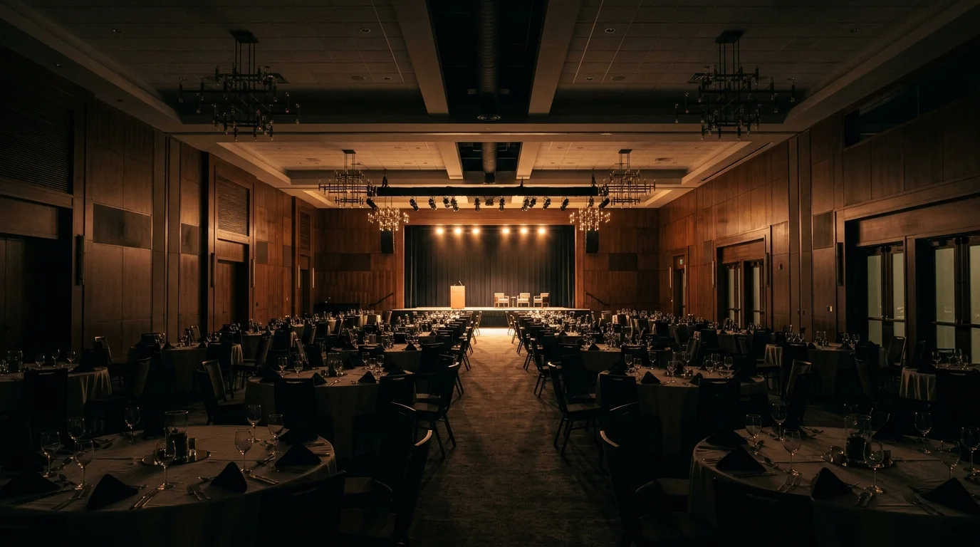 An empty hotel ballroom the night before a conference, tables set, stage lit